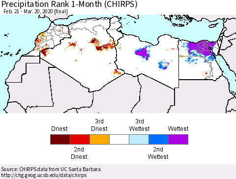 North Africa Precipitation Rank since 1981, 1-Month (CHIRPS) Thematic Map For 2/21/2020 - 3/20/2020