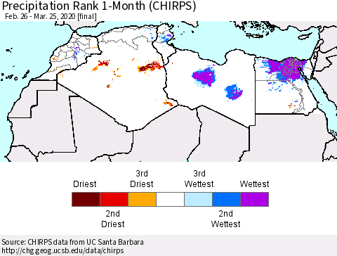 North Africa Precipitation Rank since 1981, 1-Month (CHIRPS) Thematic Map For 2/26/2020 - 3/25/2020
