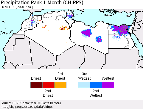 North Africa Precipitation Rank since 1981, 1-Month (CHIRPS) Thematic Map For 3/1/2020 - 3/31/2020