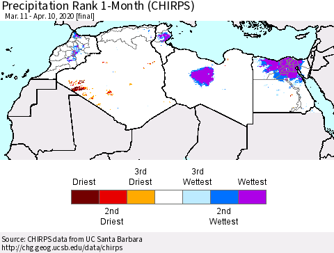 North Africa Precipitation Rank since 1981, 1-Month (CHIRPS) Thematic Map For 3/11/2020 - 4/10/2020