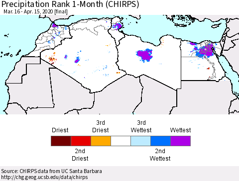 North Africa Precipitation Rank since 1981, 1-Month (CHIRPS) Thematic Map For 3/16/2020 - 4/15/2020