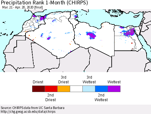 North Africa Precipitation Rank since 1981, 1-Month (CHIRPS) Thematic Map For 3/21/2020 - 4/20/2020
