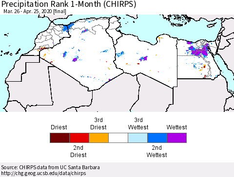 North Africa Precipitation Rank since 1981, 1-Month (CHIRPS) Thematic Map For 3/26/2020 - 4/25/2020