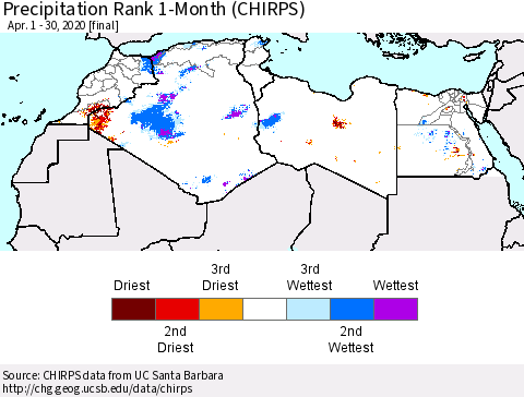 North Africa Precipitation Rank since 1981, 1-Month (CHIRPS) Thematic Map For 4/1/2020 - 4/30/2020