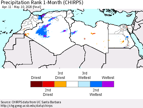 North Africa Precipitation Rank since 1981, 1-Month (CHIRPS) Thematic Map For 4/11/2020 - 5/10/2020