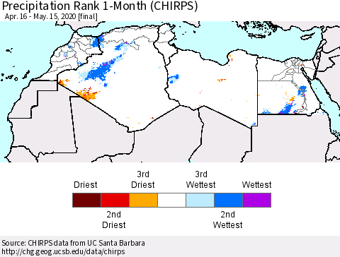 North Africa Precipitation Rank since 1981, 1-Month (CHIRPS) Thematic Map For 4/16/2020 - 5/15/2020