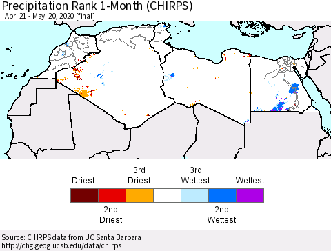 North Africa Precipitation Rank since 1981, 1-Month (CHIRPS) Thematic Map For 4/21/2020 - 5/20/2020