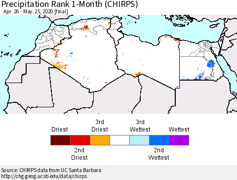North Africa Precipitation Rank since 1981, 1-Month (CHIRPS) Thematic Map For 4/26/2020 - 5/25/2020