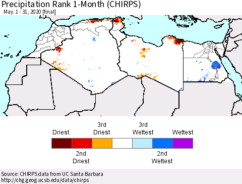 North Africa Precipitation Rank since 1981, 1-Month (CHIRPS) Thematic Map For 5/1/2020 - 5/31/2020