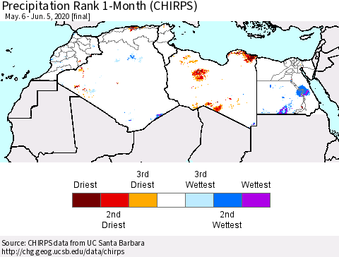 North Africa Precipitation Rank since 1981, 1-Month (CHIRPS) Thematic Map For 5/6/2020 - 6/5/2020
