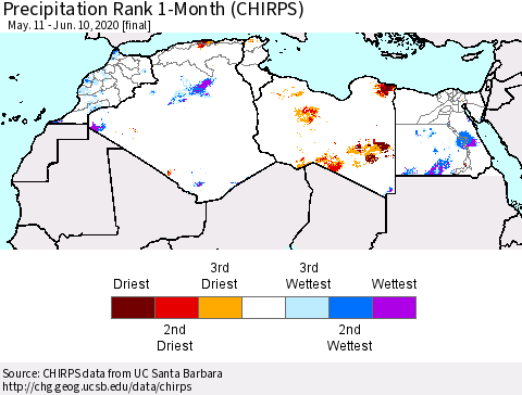 North Africa Precipitation Rank since 1981, 1-Month (CHIRPS) Thematic Map For 5/11/2020 - 6/10/2020