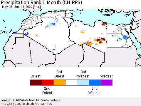North Africa Precipitation Rank since 1981, 1-Month (CHIRPS) Thematic Map For 5/16/2020 - 6/15/2020