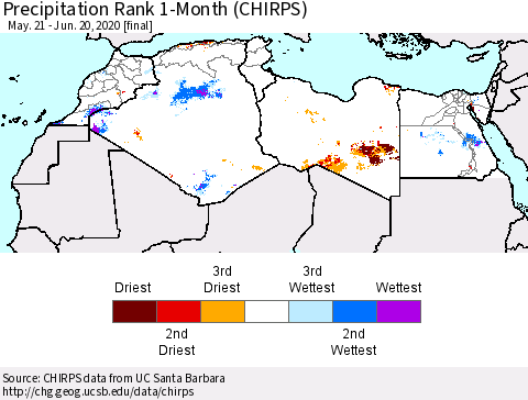 North Africa Precipitation Rank since 1981, 1-Month (CHIRPS) Thematic Map For 5/21/2020 - 6/20/2020