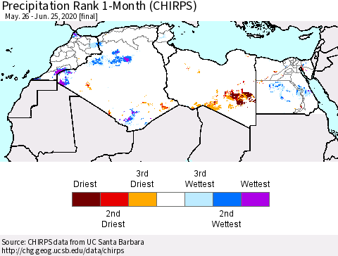 North Africa Precipitation Rank since 1981, 1-Month (CHIRPS) Thematic Map For 5/26/2020 - 6/25/2020