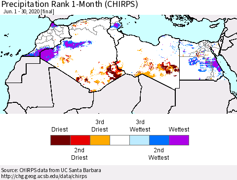 North Africa Precipitation Rank since 1981, 1-Month (CHIRPS) Thematic Map For 6/1/2020 - 6/30/2020