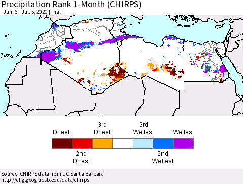North Africa Precipitation Rank since 1981, 1-Month (CHIRPS) Thematic Map For 6/6/2020 - 7/5/2020