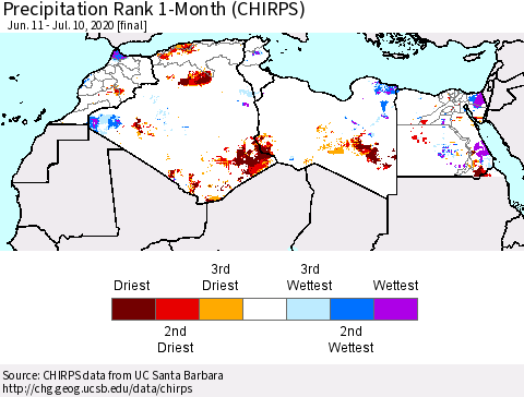 North Africa Precipitation Rank since 1981, 1-Month (CHIRPS) Thematic Map For 6/11/2020 - 7/10/2020