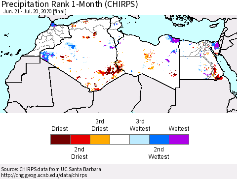 North Africa Precipitation Rank since 1981, 1-Month (CHIRPS) Thematic Map For 6/21/2020 - 7/20/2020