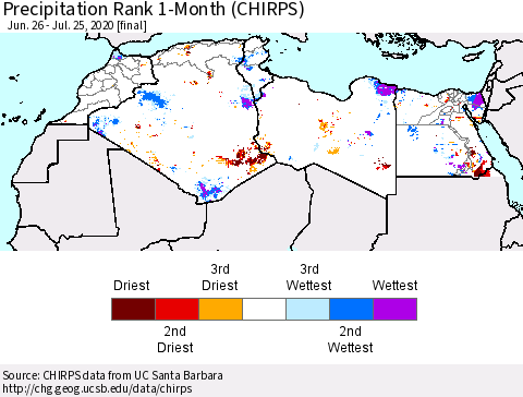 North Africa Precipitation Rank since 1981, 1-Month (CHIRPS) Thematic Map For 6/26/2020 - 7/25/2020