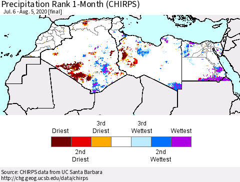 North Africa Precipitation Rank since 1981, 1-Month (CHIRPS) Thematic Map For 7/6/2020 - 8/5/2020