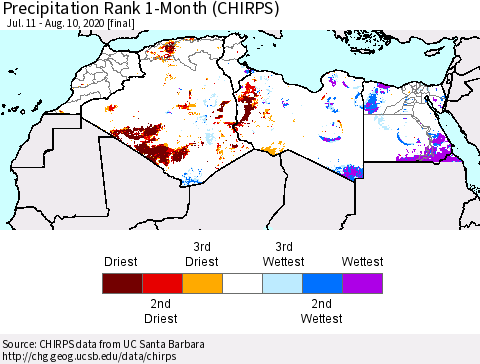 North Africa Precipitation Rank since 1981, 1-Month (CHIRPS) Thematic Map For 7/11/2020 - 8/10/2020
