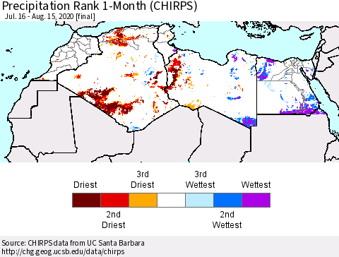 North Africa Precipitation Rank since 1981, 1-Month (CHIRPS) Thematic Map For 7/16/2020 - 8/15/2020