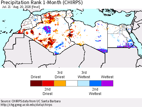 North Africa Precipitation Rank since 1981, 1-Month (CHIRPS) Thematic Map For 7/21/2020 - 8/20/2020