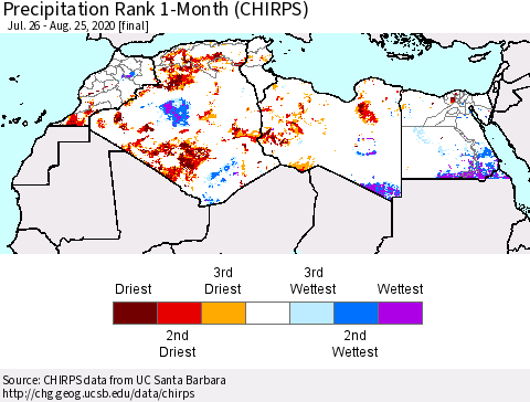 North Africa Precipitation Rank since 1981, 1-Month (CHIRPS) Thematic Map For 7/26/2020 - 8/25/2020