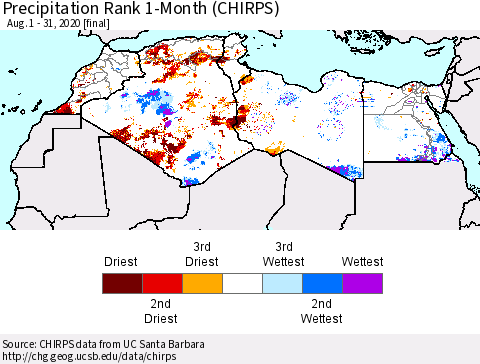 North Africa Precipitation Rank since 1981, 1-Month (CHIRPS) Thematic Map For 8/1/2020 - 8/31/2020