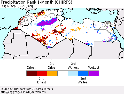 North Africa Precipitation Rank since 1981, 1-Month (CHIRPS) Thematic Map For 8/6/2020 - 9/5/2020