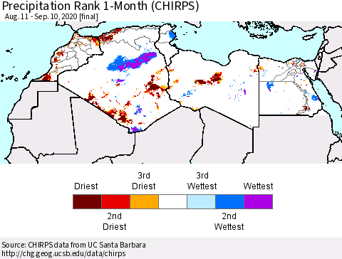 North Africa Precipitation Rank since 1981, 1-Month (CHIRPS) Thematic Map For 8/11/2020 - 9/10/2020