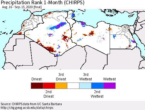 North Africa Precipitation Rank since 1981, 1-Month (CHIRPS) Thematic Map For 8/16/2020 - 9/15/2020