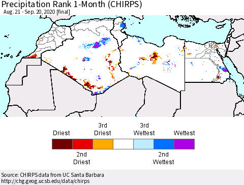 North Africa Precipitation Rank since 1981, 1-Month (CHIRPS) Thematic Map For 8/21/2020 - 9/20/2020