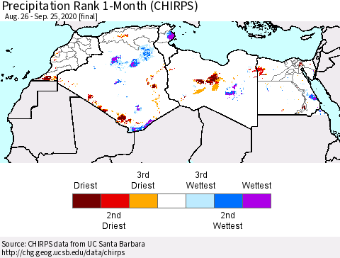 North Africa Precipitation Rank since 1981, 1-Month (CHIRPS) Thematic Map For 8/26/2020 - 9/25/2020