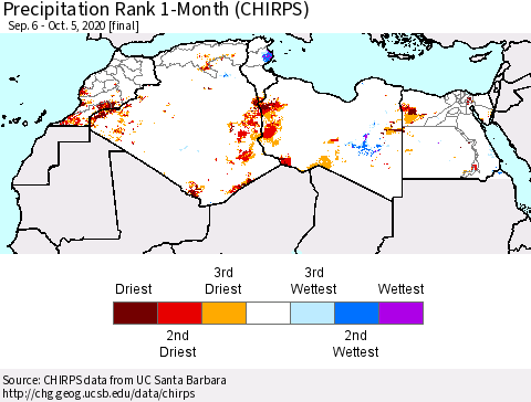 North Africa Precipitation Rank since 1981, 1-Month (CHIRPS) Thematic Map For 9/6/2020 - 10/5/2020