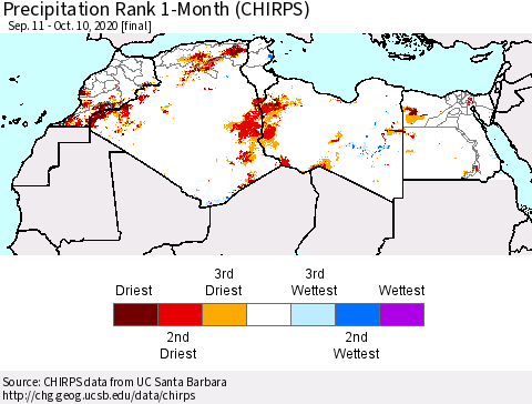 North Africa Precipitation Rank since 1981, 1-Month (CHIRPS) Thematic Map For 9/11/2020 - 10/10/2020