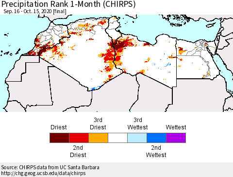 North Africa Precipitation Rank since 1981, 1-Month (CHIRPS) Thematic Map For 9/16/2020 - 10/15/2020