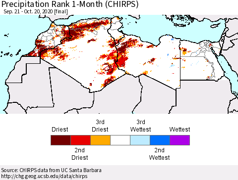 North Africa Precipitation Rank since 1981, 1-Month (CHIRPS) Thematic Map For 9/21/2020 - 10/20/2020