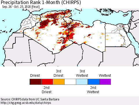 North Africa Precipitation Rank since 1981, 1-Month (CHIRPS) Thematic Map For 9/26/2020 - 10/25/2020