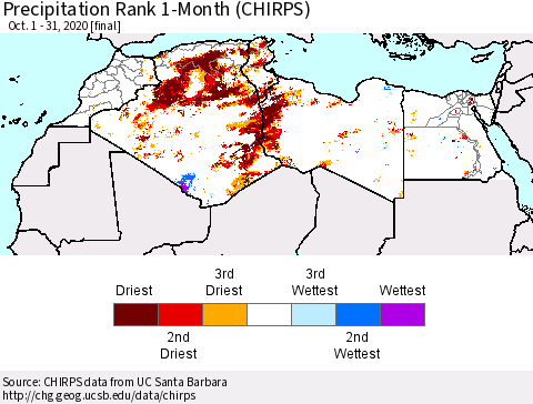 North Africa Precipitation Rank since 1981, 1-Month (CHIRPS) Thematic Map For 10/1/2020 - 10/31/2020