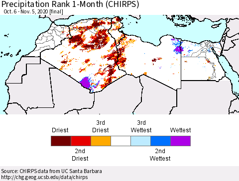 North Africa Precipitation Rank since 1981, 1-Month (CHIRPS) Thematic Map For 10/6/2020 - 11/5/2020