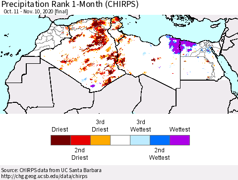 North Africa Precipitation Rank since 1981, 1-Month (CHIRPS) Thematic Map For 10/11/2020 - 11/10/2020