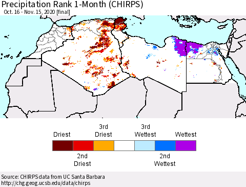 North Africa Precipitation Rank since 1981, 1-Month (CHIRPS) Thematic Map For 10/16/2020 - 11/15/2020