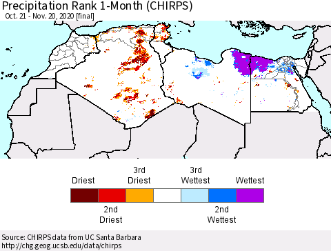 North Africa Precipitation Rank since 1981, 1-Month (CHIRPS) Thematic Map For 10/21/2020 - 11/20/2020