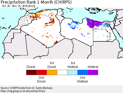 North Africa Precipitation Rank since 1981, 1-Month (CHIRPS) Thematic Map For 10/26/2020 - 11/25/2020