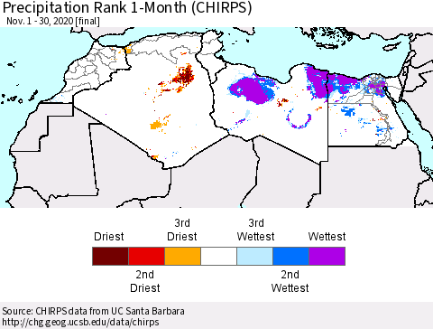 North Africa Precipitation Rank since 1981, 1-Month (CHIRPS) Thematic Map For 11/1/2020 - 11/30/2020