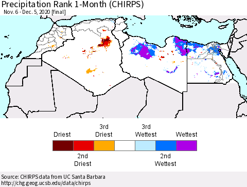 North Africa Precipitation Rank since 1981, 1-Month (CHIRPS) Thematic Map For 11/6/2020 - 12/5/2020