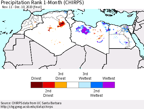 North Africa Precipitation Rank since 1981, 1-Month (CHIRPS) Thematic Map For 11/11/2020 - 12/10/2020