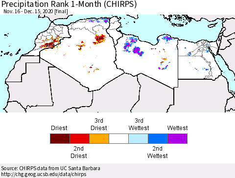 North Africa Precipitation Rank since 1981, 1-Month (CHIRPS) Thematic Map For 11/16/2020 - 12/15/2020