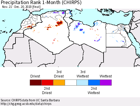 North Africa Precipitation Rank since 1981, 1-Month (CHIRPS) Thematic Map For 11/21/2020 - 12/20/2020